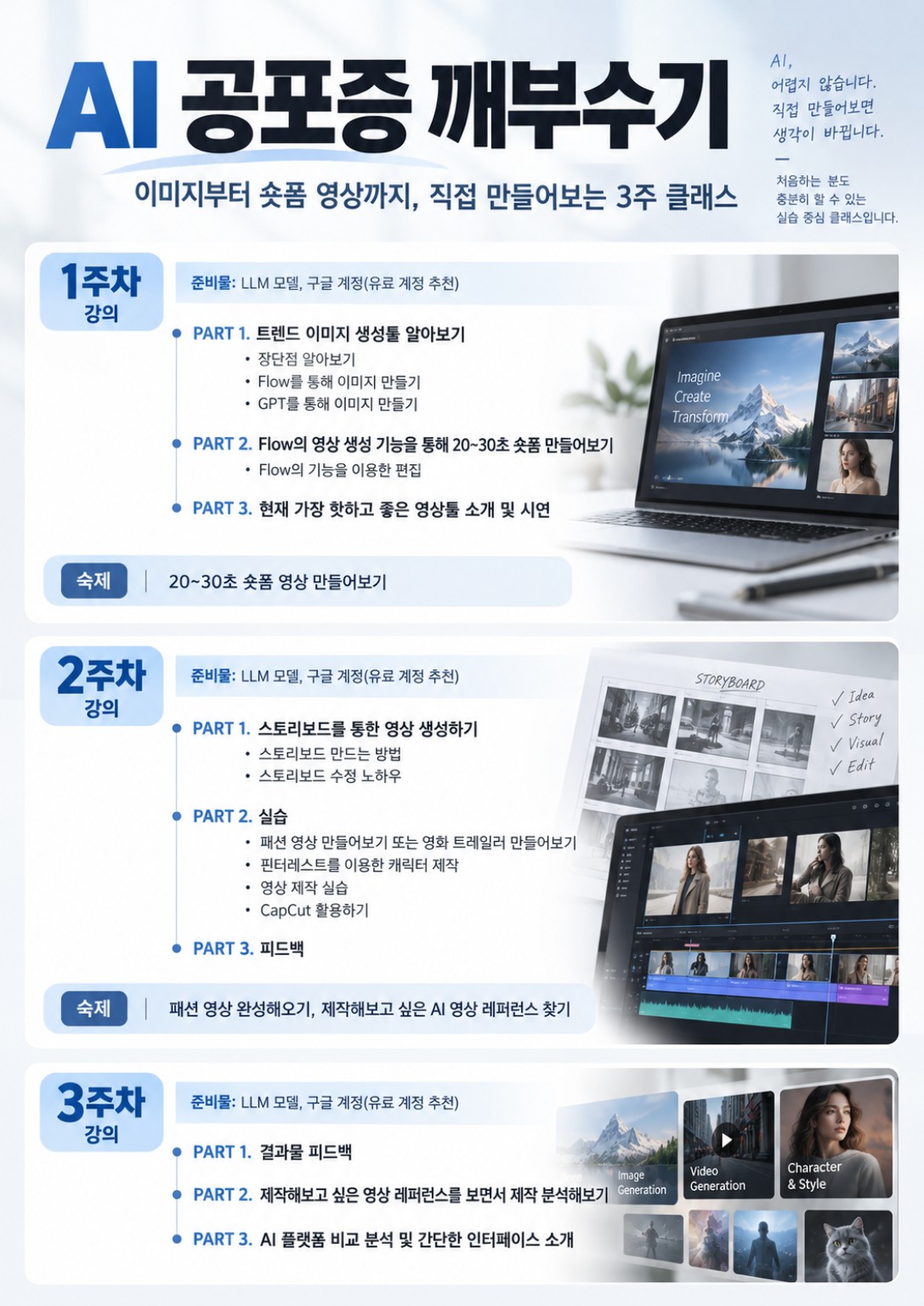 AI 공포증 깨부수기 3주 강의 커리큘럼 포스터